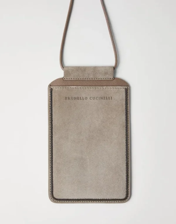 Piccola Pelletteria-Brunello Cucinelli Porta cellulare in camoscio con Shiny Trim Grigio Chiaro (C5859)