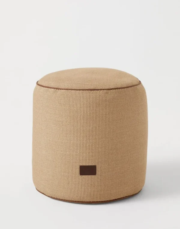 Cuscini-Brunello Cucinelli Pouf in cotone techno effetto raffia con profilo in pelle Corda (CDQ88)