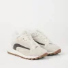 Sneakers-Brunello Cucinelli Runners in camoscio con fodera in shearling e Precious Stripe Grigio Chiaro (C9593)