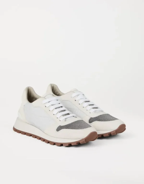 Sneakers-Brunello Cucinelli Runners in camoscio e tessuto techno con Precious Toe Bianco (C6280)