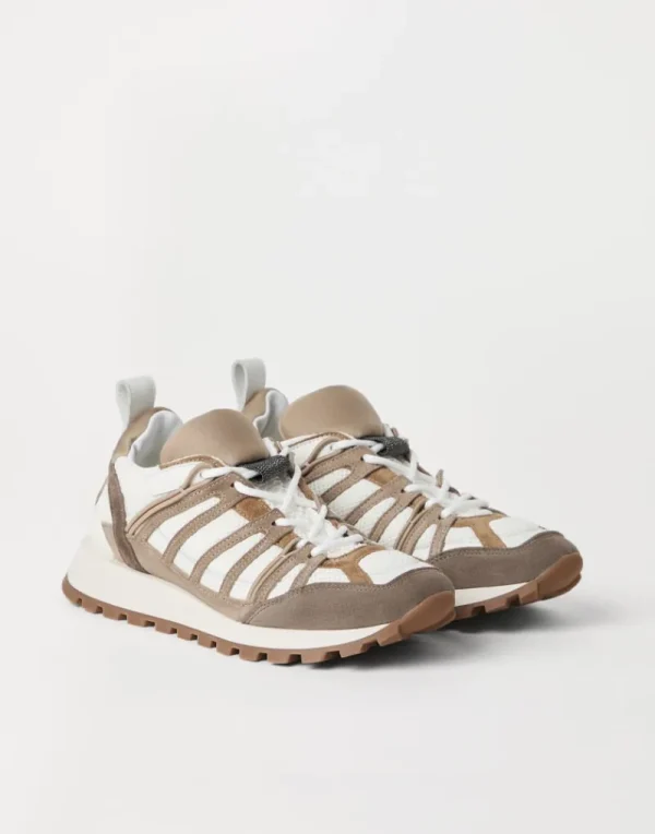 Sneakers-Brunello Cucinelli Runners in camoscio e tessuto techno con Shiny Loop Detail Grigio Chiaro (C5859)