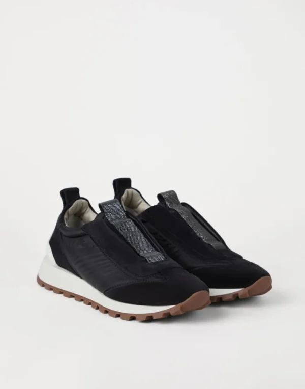 Sneakers-Brunello Cucinelli Runners in camoscio e tessuto techno con Precious Detail Nero (C101)