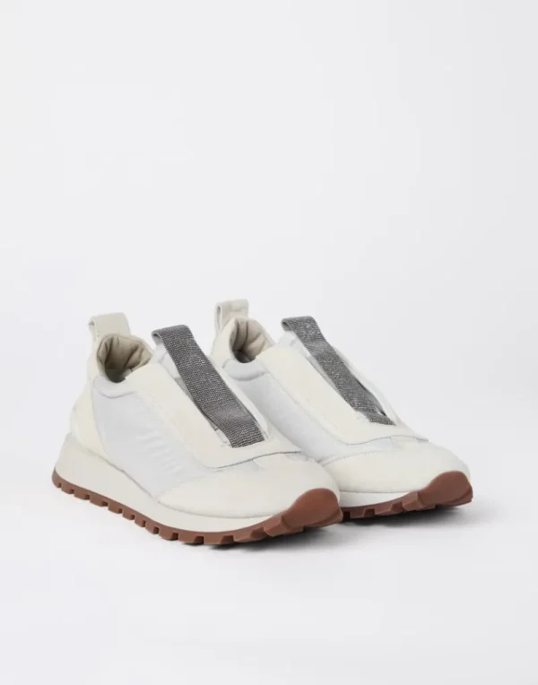 Sneakers-Brunello Cucinelli Runners in camoscio e tessuto techno con Precious Detail Bianco (C6280)