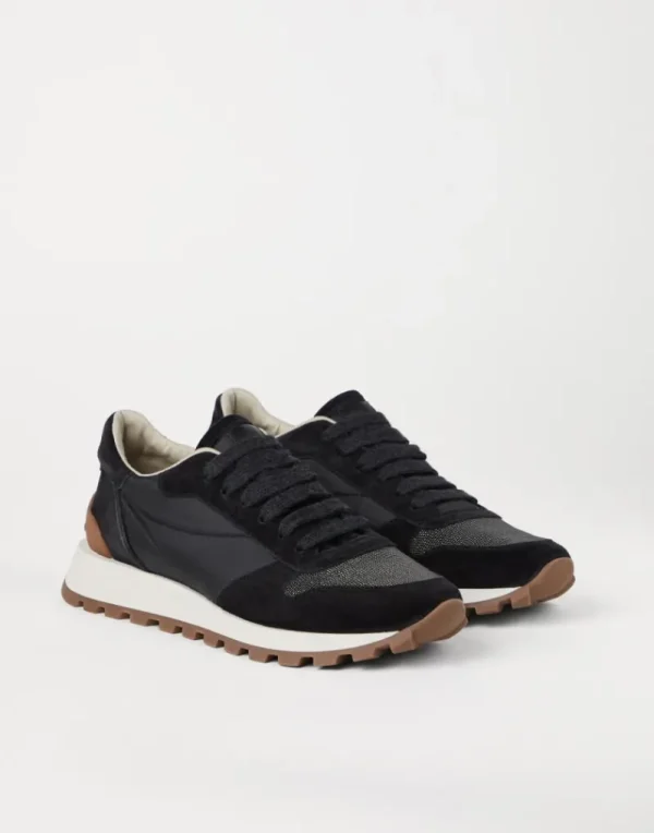 Sneakers-Brunello Cucinelli Runners in camoscio e tessuto techno con Precious Toe Nero (C101)