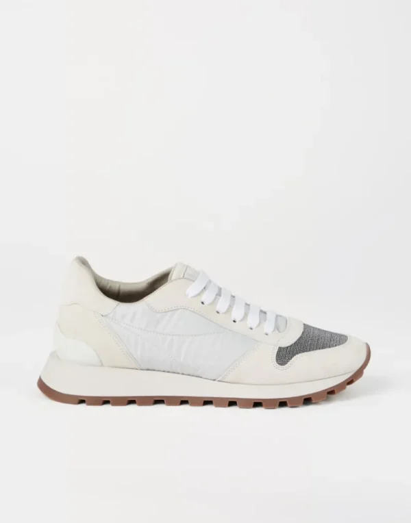 Sneakers-Brunello Cucinelli Runners in camoscio e tessuto techno con Precious Toe Bianco (C6280)