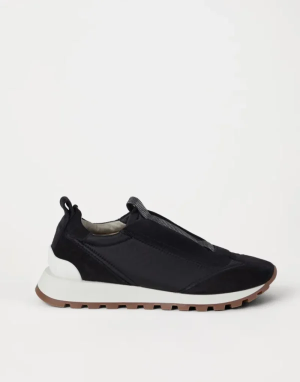 Sneakers-Brunello Cucinelli Runners in camoscio e tessuto techno con Precious Detail Nero (C101)