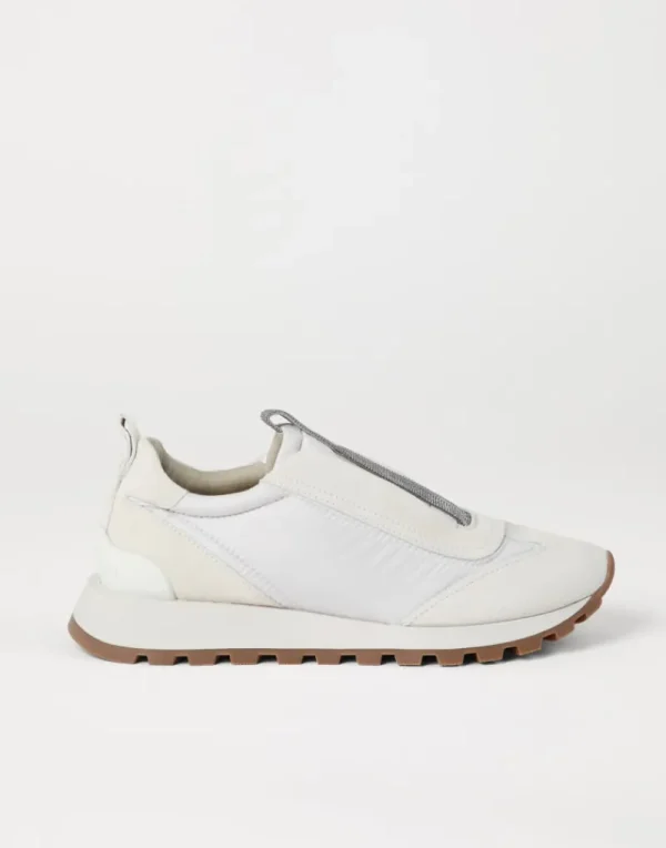 Sneakers-Brunello Cucinelli Runners in camoscio e tessuto techno con Precious Detail Bianco (C6280)