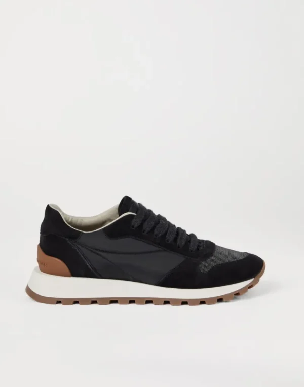 Sneakers-Brunello Cucinelli Runners in camoscio e tessuto techno con Precious Toe Nero (C101)