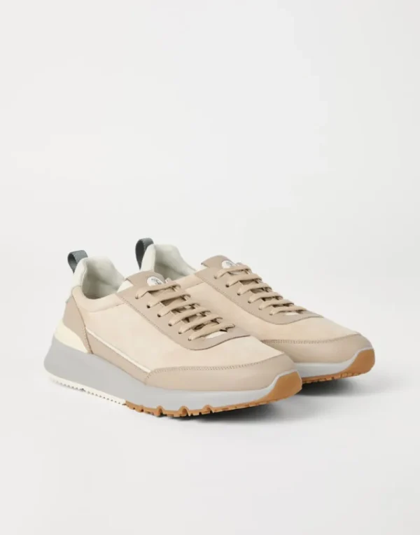 Sneakers-Brunello Cucinelli Runners in camoscio lavato e vitello semilucido Avena (CJX03)