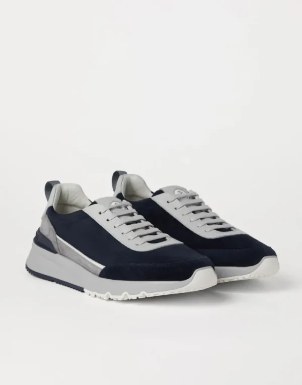 Sneakers-Brunello Cucinelli Runners in camoscio lavato e vitello con grana Blu (CEA35)