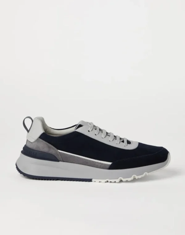 Sneakers-Brunello Cucinelli Runners in camoscio lavato e vitello con grana Blu (CEA35)