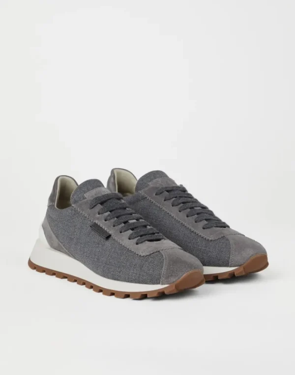 Sneakers-Brunello Cucinelli Runners in canvas di lana vergine e camoscio con Shiny Tab Grigio Medio (C006)