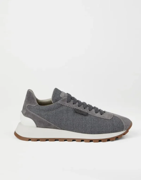 Sneakers-Brunello Cucinelli Runners in canvas di lana vergine e camoscio con Shiny Tab Grigio Medio (C006)