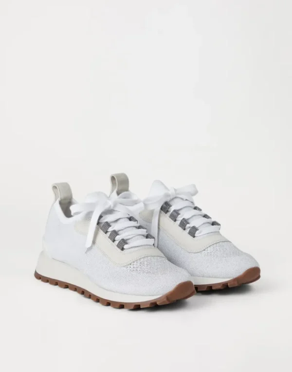 Sneakers-Brunello Cucinelli Runners in maglia di cotone Sparkling con Shiny Eyelets Bianco (C159)