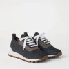 Sneakers-Brunello Cucinelli Runners in maglia di cotone Sparkling con Shiny Eyelets Lignite (C2355)