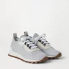 Sneakers-Brunello Cucinelli Runners in maglia di cotone Sparkling con Shiny Eyelets Grigio Chiaro (C073)