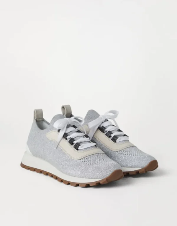 Sneakers-Brunello Cucinelli Runners in maglia di cotone Sparkling con Shiny Eyelets Grigio Chiaro (C073)