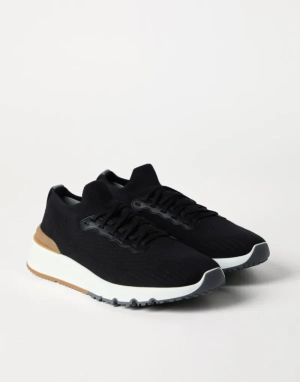 Sneakers-Brunello Cucinelli Runners in maglia di cotone e vitello semilucido Nero (CIK10)