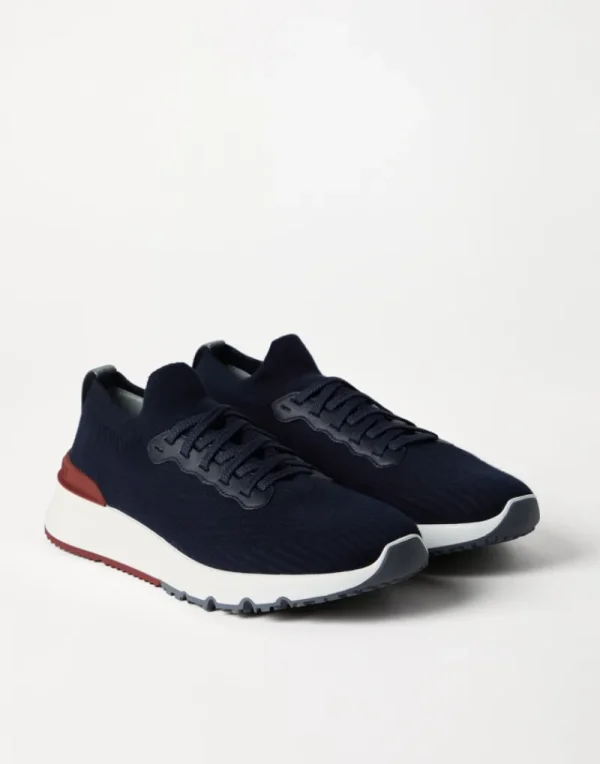 Sneakers-Brunello Cucinelli Runners in maglia di cotone e vitello semilucido Blu (CP307)