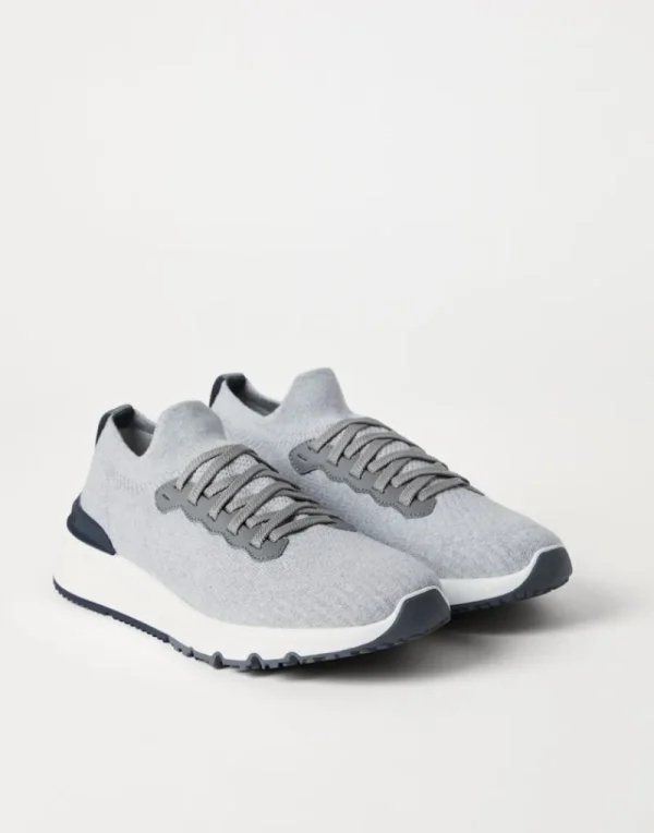 Sneakers-Brunello Cucinelli Runners in maglia di cotone e vitello semilucido Argento (CB308)