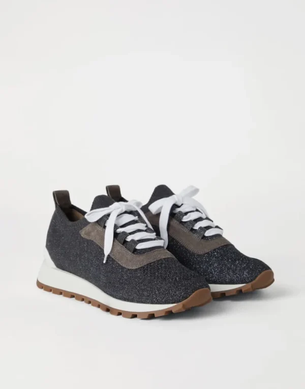 Sneakers-Brunello Cucinelli Runners in maglia di cotone Sparkling con Shiny Eyelets Lignite (C2355)