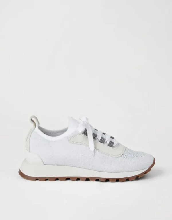 Sneakers-Brunello Cucinelli Runners in maglia di cotone Sparkling con Shiny Eyelets Bianco (C159)