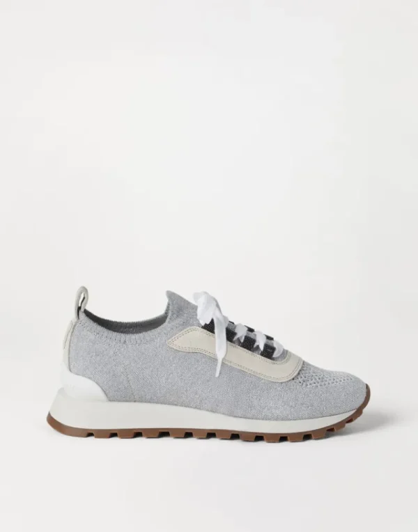 Sneakers-Brunello Cucinelli Runners in maglia di cotone Sparkling con Shiny Eyelets Grigio Chiaro (C073)