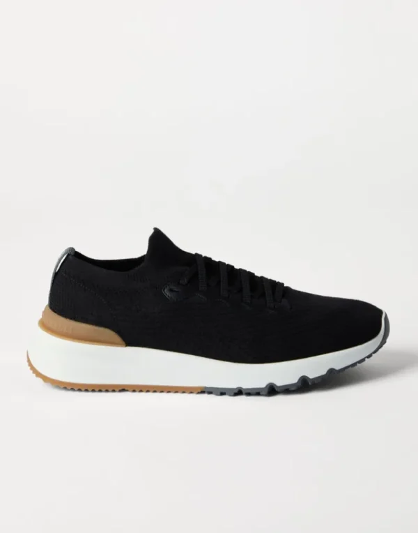 Sneakers-Brunello Cucinelli Runners in maglia di cotone e vitello semilucido Nero (CIK10)