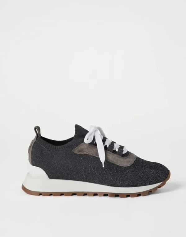 Sneakers-Brunello Cucinelli Runners in maglia di cotone Sparkling con Shiny Eyelets Lignite (C2355)