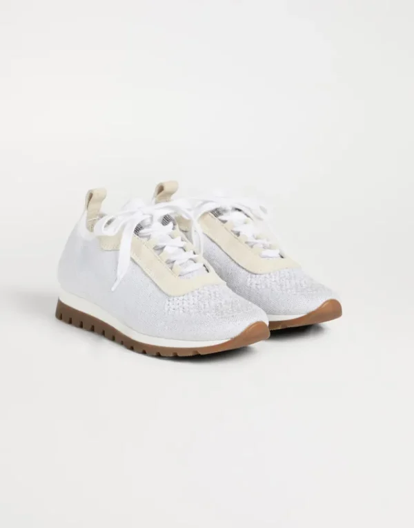 Scarpe-Brunello Cucinelli Runners in maglia Sparkling di cotone e camoscio con monile Bianco (C159)