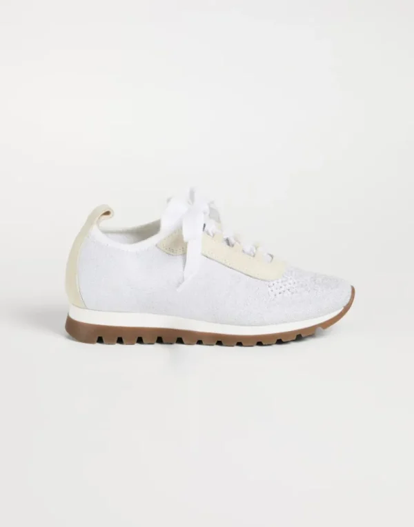 Scarpe-Brunello Cucinelli Runners in maglia Sparkling di cotone e camoscio con monile Bianco (C159)