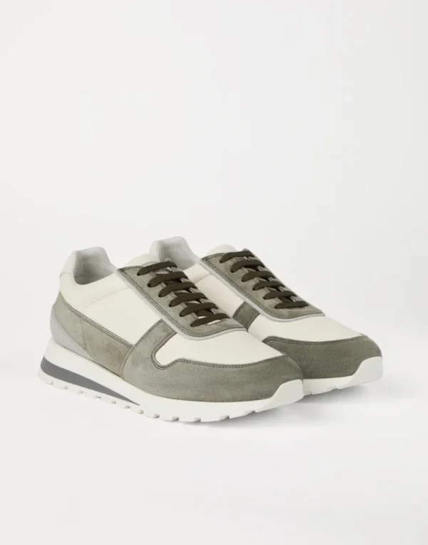 Sneakers-Brunello Cucinelli Runners in vitello con grana e camoscio lavato Olivo (CAV63)