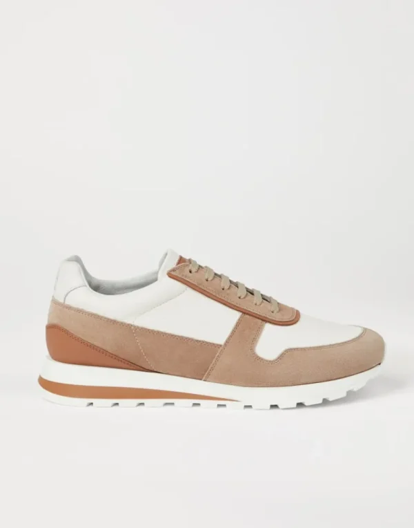 Sneakers-Brunello Cucinelli Runners in vitello con grana e camoscio lavato Nocciola (CQP17)