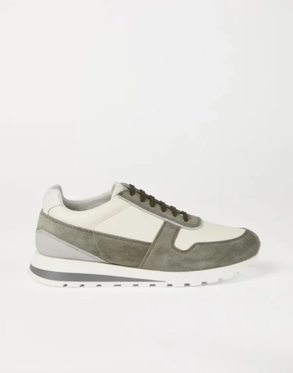 Sneakers-Brunello Cucinelli Runners in vitello con grana e camoscio lavato Olivo (CAV63)