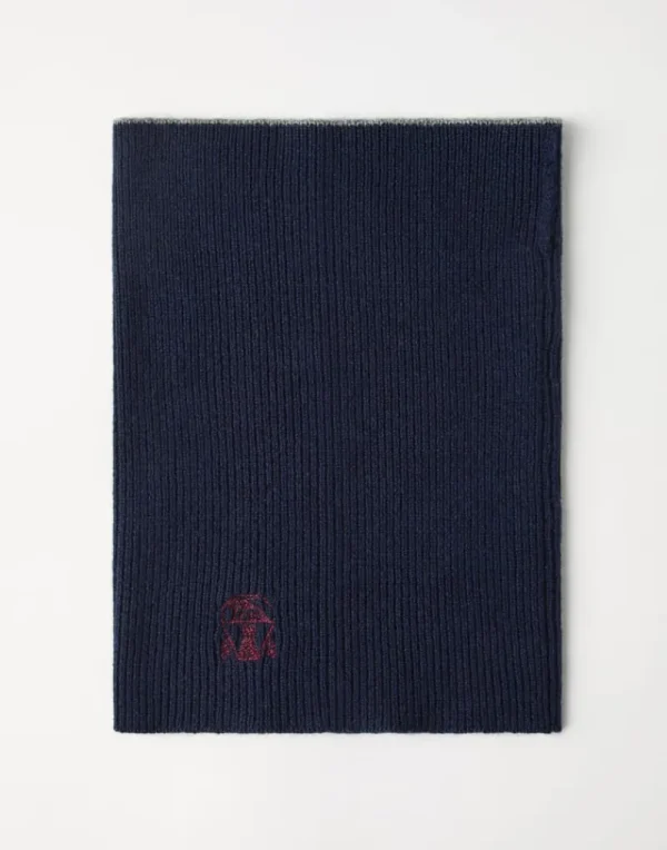 Sciarpe-Brunello Cucinelli Scaldacollo in maglia di cashmere a coste Blu Navy (CA058)