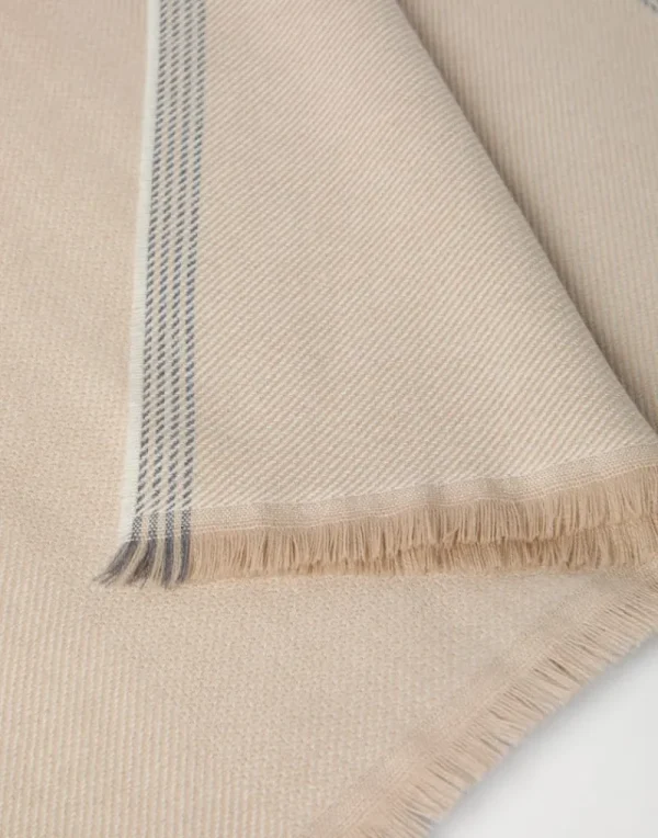 Sciarpe-Brunello Cucinelli Sciarpa in diagonale di lana e cashmere con bordo rigato Beige Chiaro (CJ007)