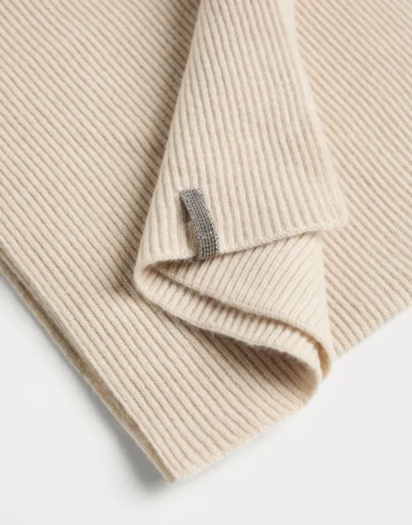 Accessori-Brunello Cucinelli Sciarpa in maglia di cashmere costa inglese con monile Beige (CN058)