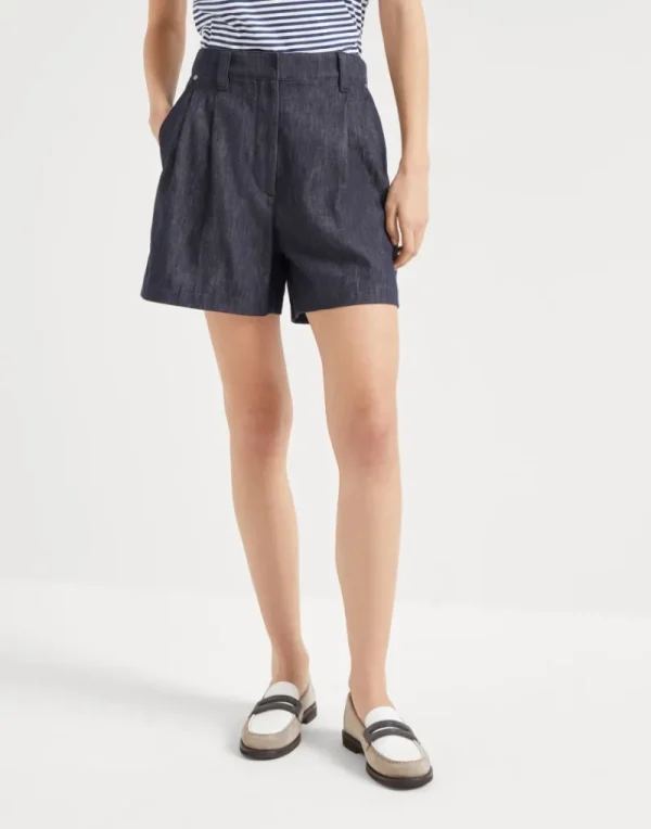 Pantaloni-Brunello Cucinelli Shorts Baggy in twill effetto denim con monile Denim Scuro (C001)