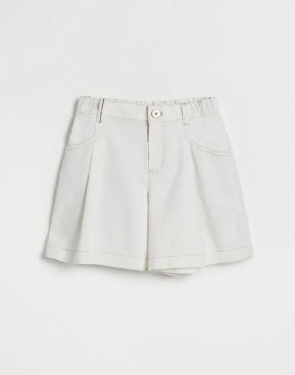 Pantaloni & Gonne-Brunello Cucinelli Shorts Baggy Pleated in denim Soft tinto con monile Bianco (C600)