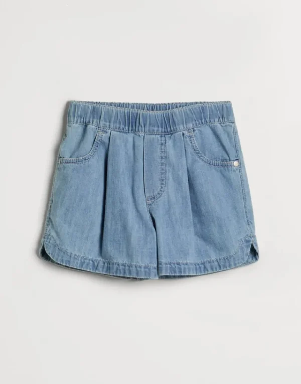 Pantaloni & Gonne-Brunello Cucinelli Shorts Track in denim leggero con monile Denim Chiaro (C9026)