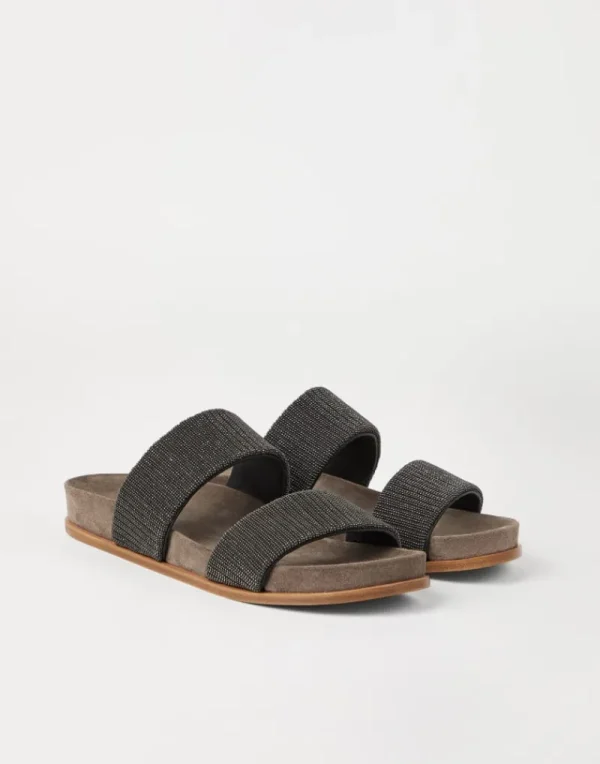 Sandali-Brunello Cucinelli Slides in camoscio con Precious Straps Antracite (C390)