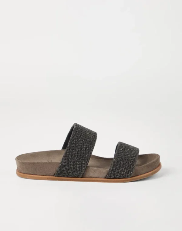 Sandali-Brunello Cucinelli Slides in camoscio con Precious Straps Antracite (C390)