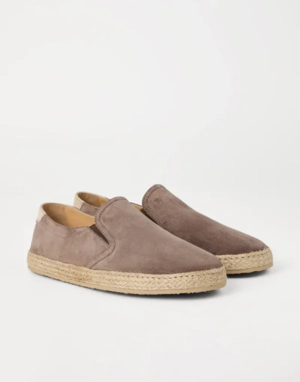 Mocassini-Brunello Cucinelli Slip-on in camoscio lavato con inserto in corda Taupe (CDH26)