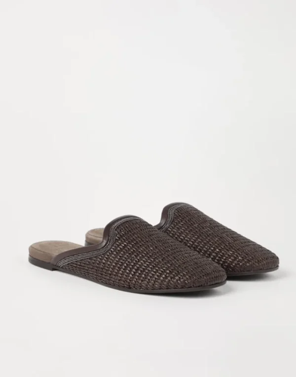 Mocassini & Flat Shoes-Brunello Cucinelli Slipper in rafia techno con Precious Trim Marrone (C300)