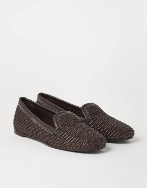 Mocassini & Flat Shoes-Brunello Cucinelli Slipper in rafia techno con Precious Trim Marrone (C300)