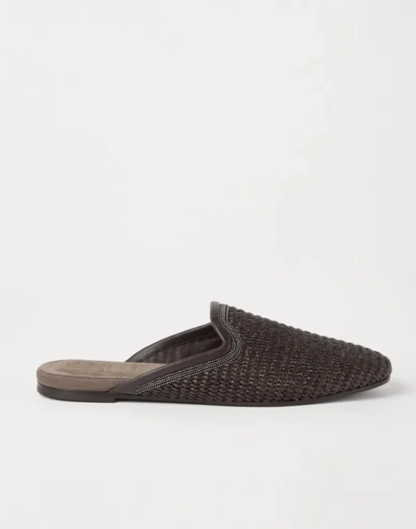 Mocassini & Flat Shoes-Brunello Cucinelli Slipper in rafia techno con Precious Trim Marrone (C300)