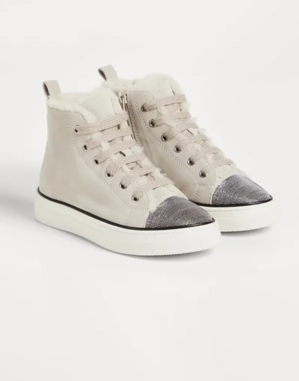 Scarpe-Brunello Cucinelli Sneakers High Top in camoscio con fodera in shearling e monile Grigio Chiaro (C9593)