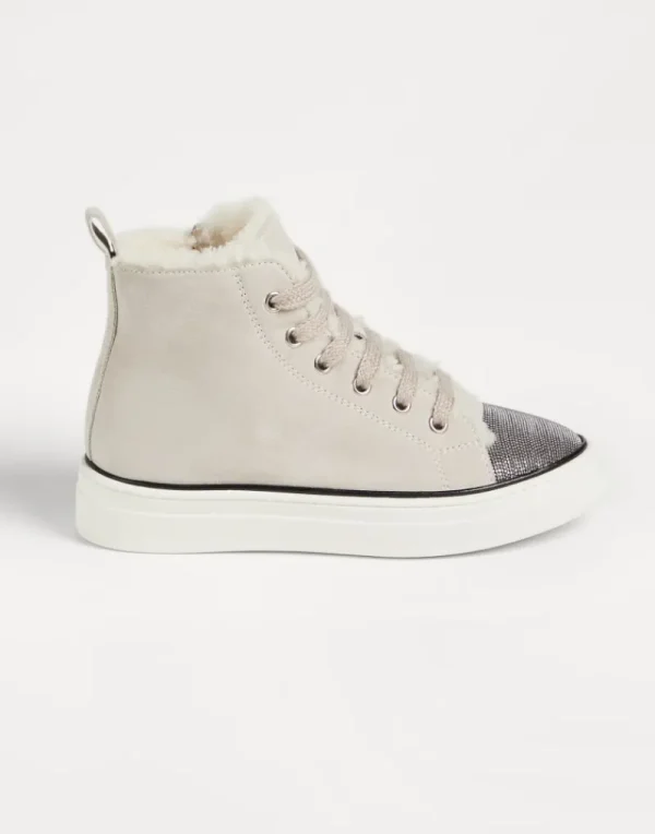 Scarpe-Brunello Cucinelli Sneakers High Top in camoscio con fodera in shearling e monile Grigio Chiaro (C9593)