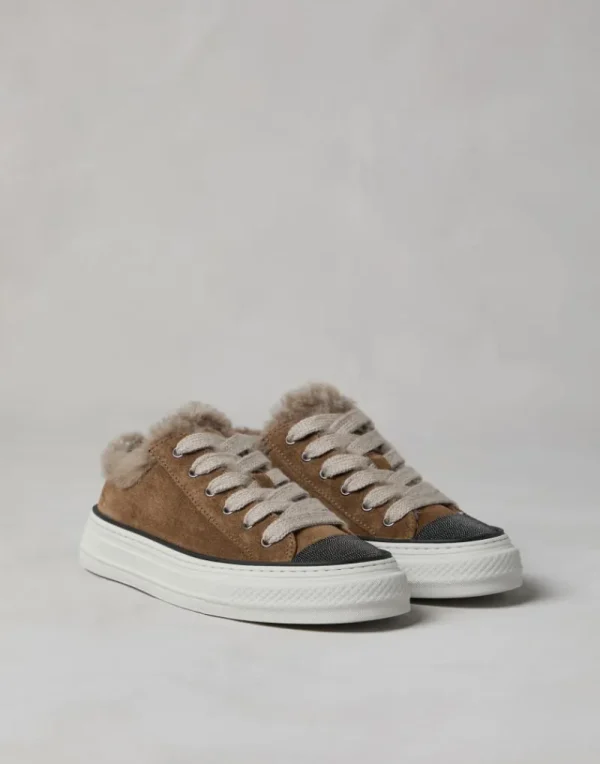 Sneakers-Brunello Cucinelli Sneakers in camoscio con fodera in shearling e Precious Toe Tabacco (C7275)