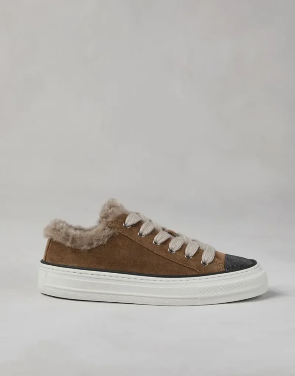 Sneakers-Brunello Cucinelli Sneakers in camoscio con fodera in shearling e Precious Toe Tabacco (C7275)